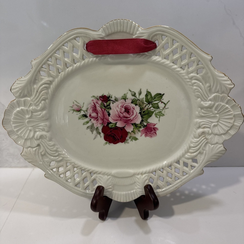 Vintage Formalities by Baum Bros Decorative Rose Oval Plate Pierced Edge Floral